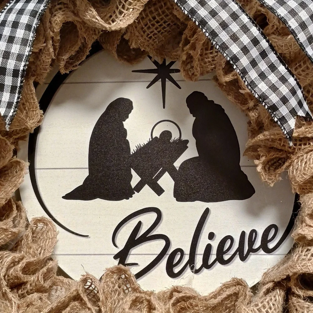Rustic Burlap Holiday Wreath with Believe Metal Sign And Sheep